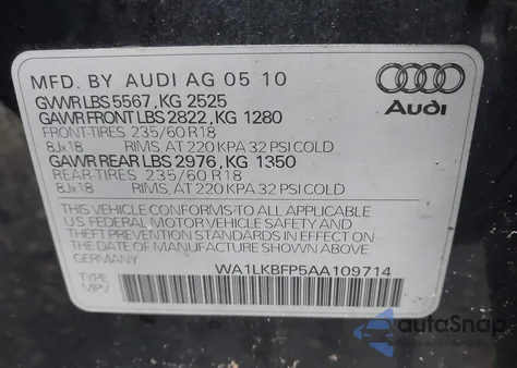 2010 Audi Q5 3.2 Premium from USA, damaged, VIN WA1LKBFP5AA109714